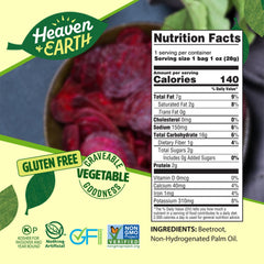 HEAVEN & EARTH Beet Chips close-up, vibrant color and light salt.