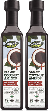 Heavent & Earth Coconut Aminos bottle close-up, soy-free flavor enhancer.