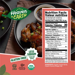 Heaven & Earth coconut aminos label view shows organic and kosher status.