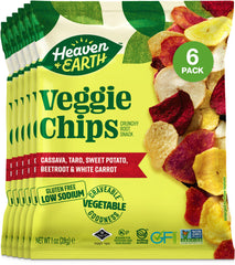 Heaven & Earth Veggie Chips root vegetable medley pack shows crisp, wholesome crunch.