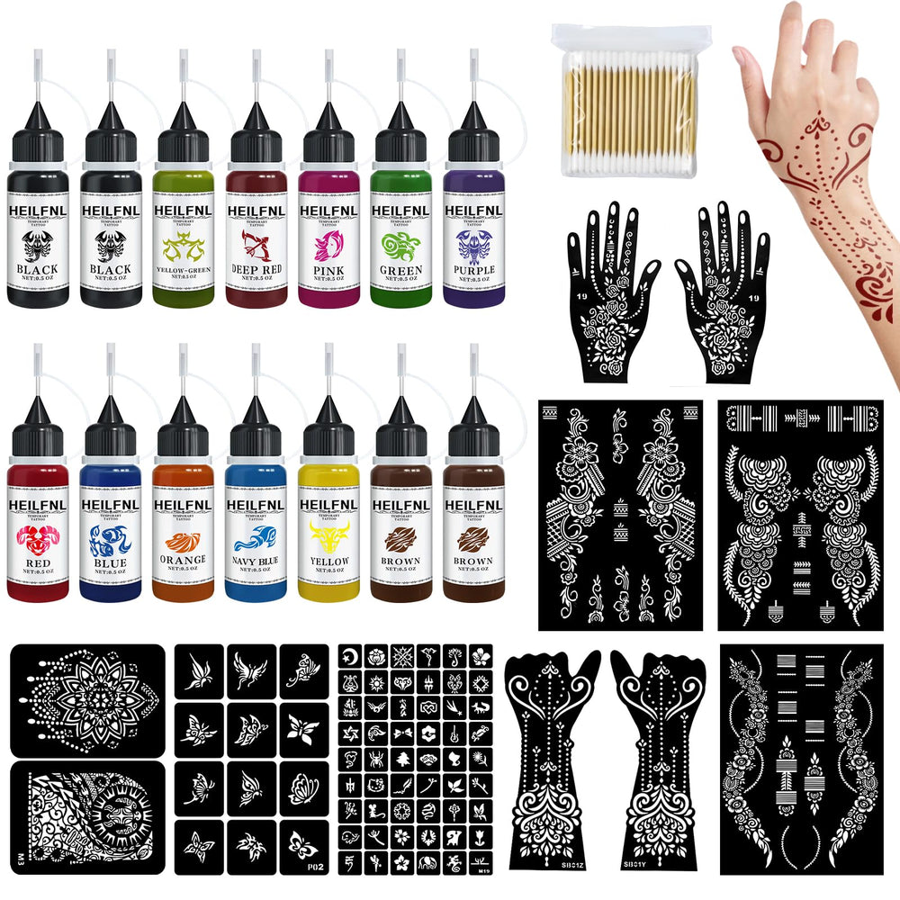 HEILFNL tattoo kit with 14 color inks for bold, long-lasting temporary designs.