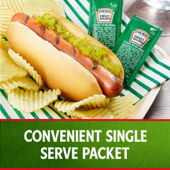 HEINZ Sweet Relish packet pour close-up showing tangy drizzle.