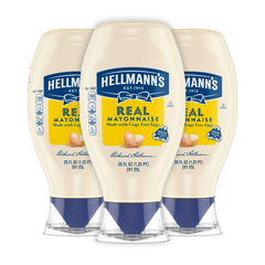 Hellmann's Real Mayonnaise squeeze bottle 3-count shows creamy texture for sandwiches