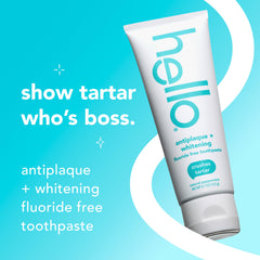 Close-up of Hello Antiplaque mint toothpaste tube showing packaging details.