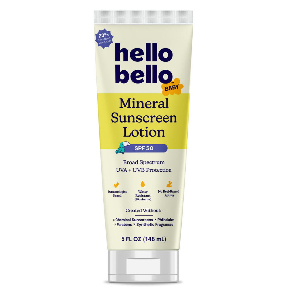 Hello Bello SPF 50 sunscreen bottle demonstrates broad spectrum protection for baby skin.