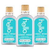 Hello Clean Mint mouthwash bottle with wood cap signals premium freshness.