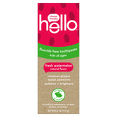 Hello Fresh Watermelon toothpaste tube highlighting fluoride-free formula for kids' brushing.