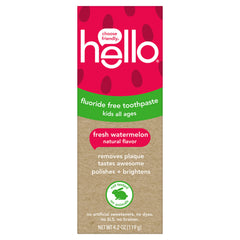 Hello Fresh Watermelon toothpaste tube highlighting fluoride-free formula for kids' brushing.