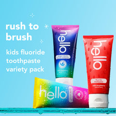 Hello Kids fluoride toothpaste variety pack Dragon Dazzle blue raspberry tube with kid-friendly flavor.