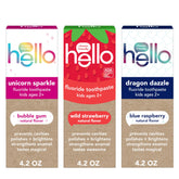 Hello Kids fluoride toothpaste variety pack Wild Strawberry tube provides tasty daily brushing support.