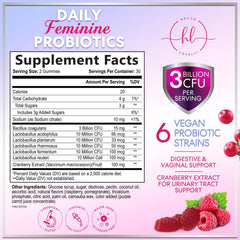 Close-up of Hello Lovely gummies label highlighting six strains for digestive support.