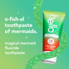Hello Magical Mermaid toothpaste tube graphics highlighting fluoride protection