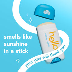 Hello Sunny Daze deodorant stick in application pose highlighting smooth glide