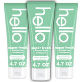 Hello Super Fresh toothpaste tube close-up shows fluoride-free formula for daily freshness.