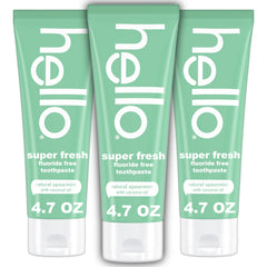 Hello Super Fresh toothpaste tube close-up shows fluoride-free formula for daily freshness.