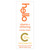 Hello Vitamin C whitening toothpaste bottle shows mint flavor and fluoride protection.