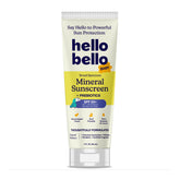 Hello Bello Mineral SPF 55 sunscreen lotion on a baby’s face for gentle sun protection