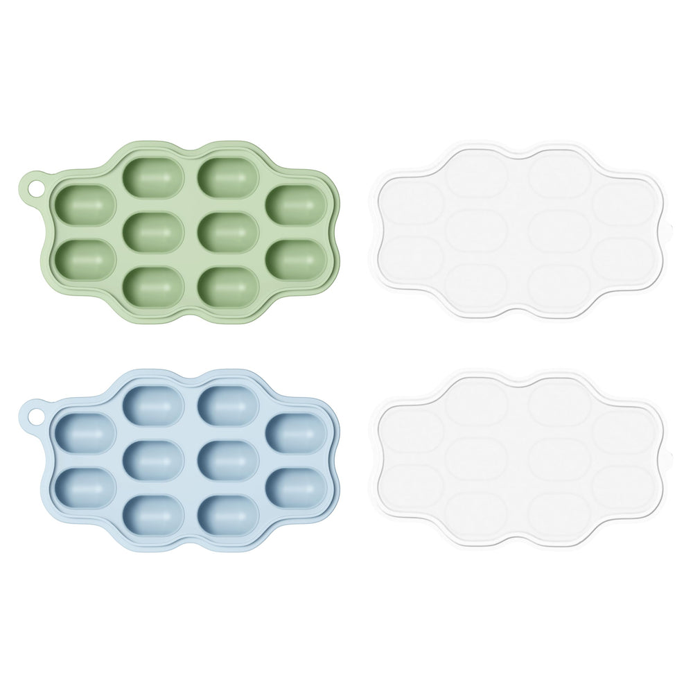 HEOMOONE blue-lid freezer tray shows portioned baby food for quick meals