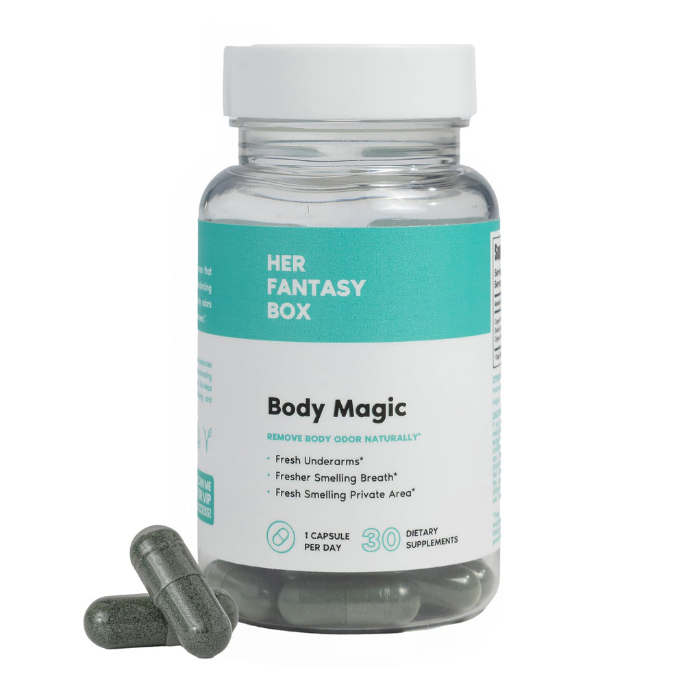 Her Fantasy Box Body Magic bottle close-up, natural detox support visualization