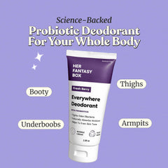 Her Fantasy Box Everywhere Deodorant packaging label showcases brand, ingredients, and clean cosmetic appeal.