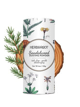 Herb & Root Sandalwood dusting powder packshot highlights a talc-free formula for smooth application.