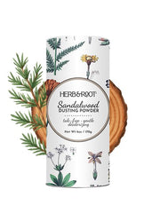 Herb & Root Sandalwood dusting powder packshot highlights a talc-free formula for smooth application.