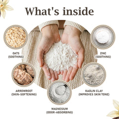 Herb & Root Sandalwood talc-free body dusting powder with earthy aroma.