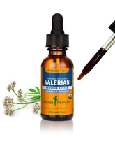 Herb Pharm organic valerian root liquid extract bottle promotes relaxing sleep.
