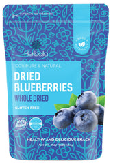 Herbaila dried blueberries bag close-up, showcasing unsweetened flavor for snacking.