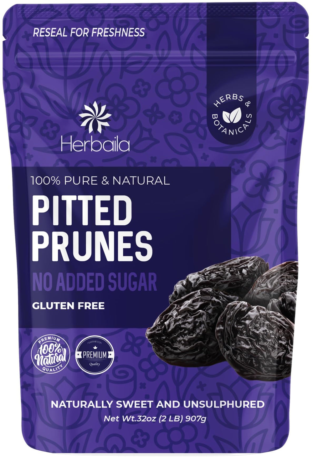 Herbaila Prunes Pitted appearance shows plump, dark prunes ideal for quick, natural energy.