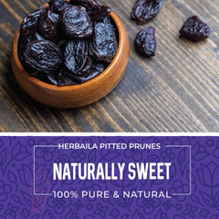 Herbaila Prunes Pitted resealable bag emphasizes convenient storage and freshness.