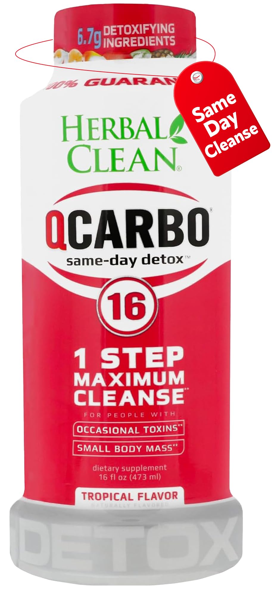 Herbal Clean Qcarbo16 bottle close-up with tropical flavor for quick detox support.