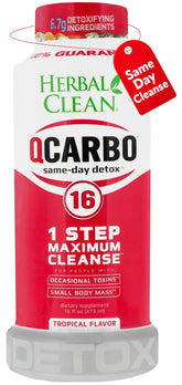 Herbal Clean Qcarbo16 bottle close-up with tropical flavor for quick detox support.
