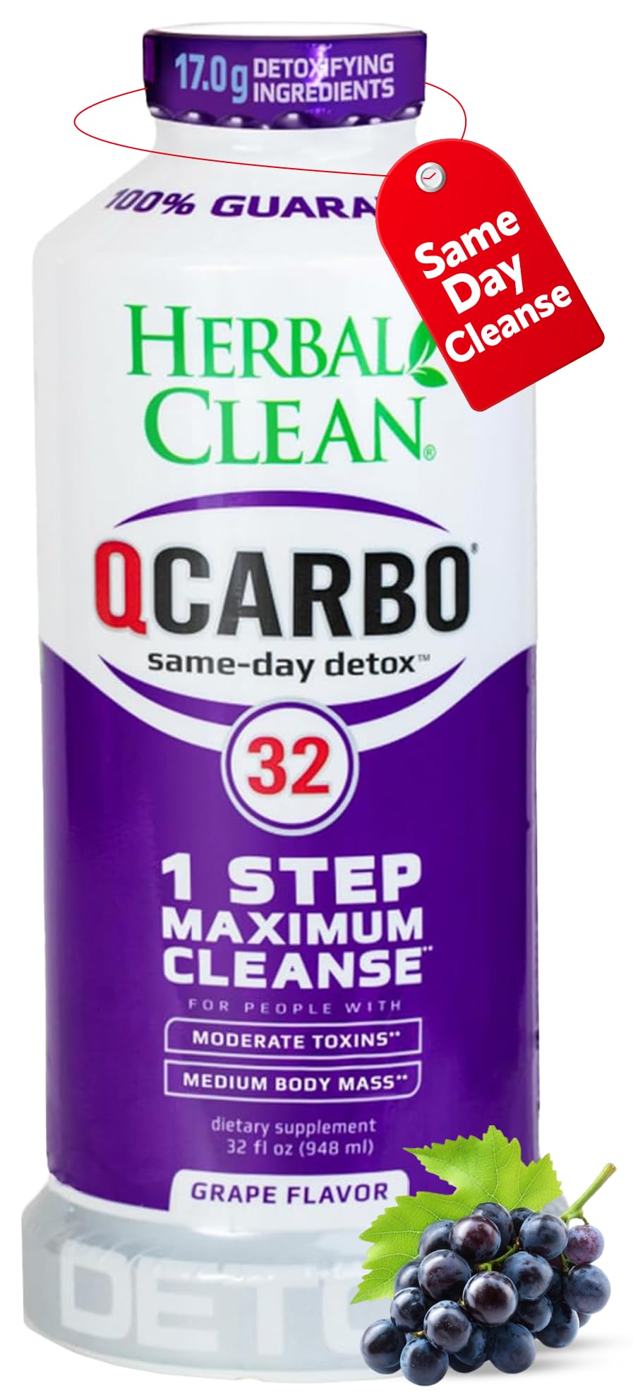 Herbal Clean Qcarbo32 grape bottle label highlights a refreshing detox option for daily wellness