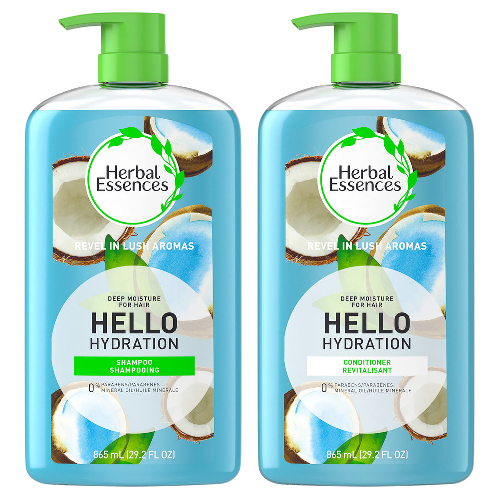 Herbal Essences Hello Hydration shampoo bottle shows coconut formula for hydrated hair.