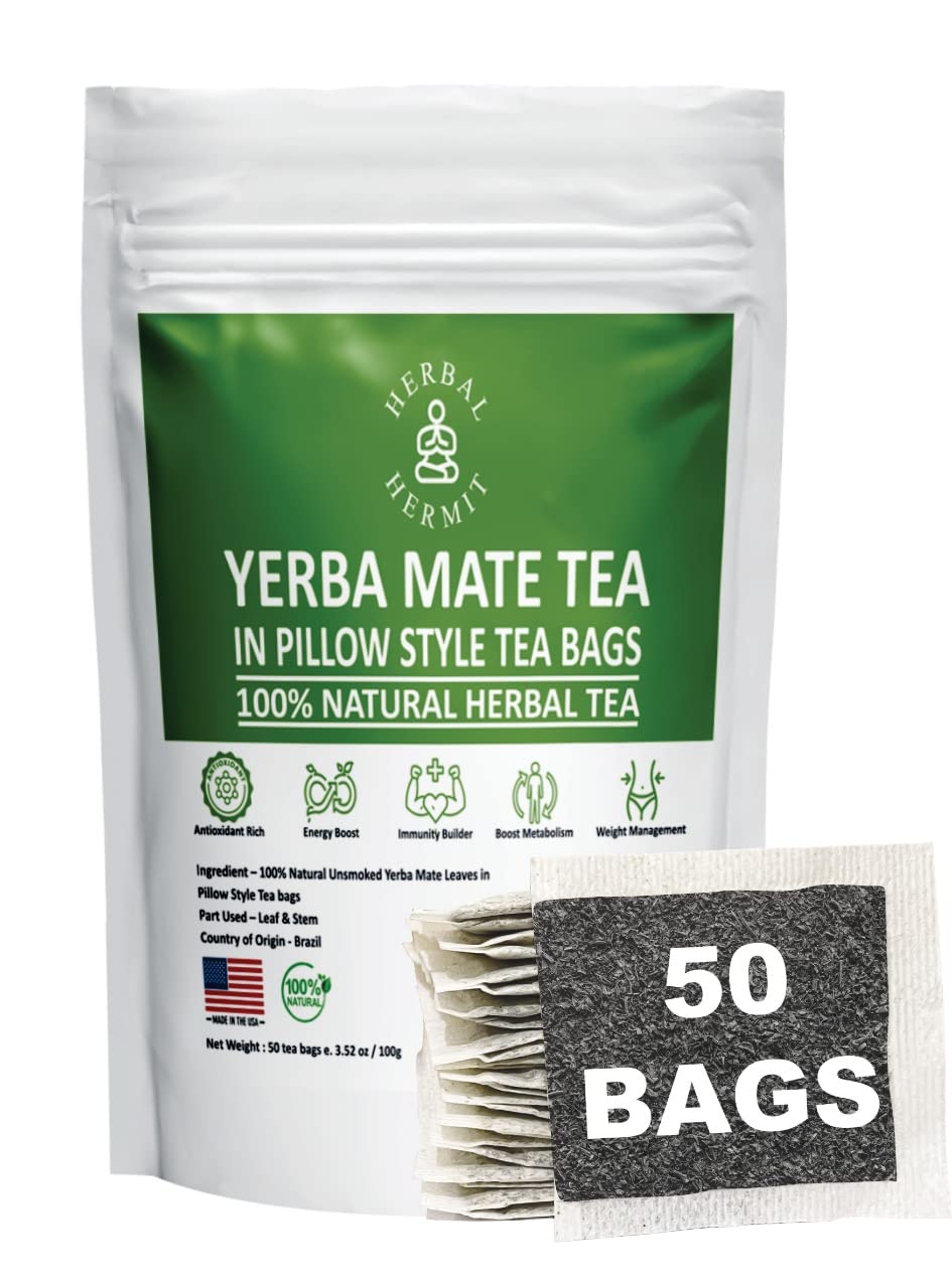 Herbal Hermit Yerba Mate packaging showcases USA-made, natural blend for everyday use.