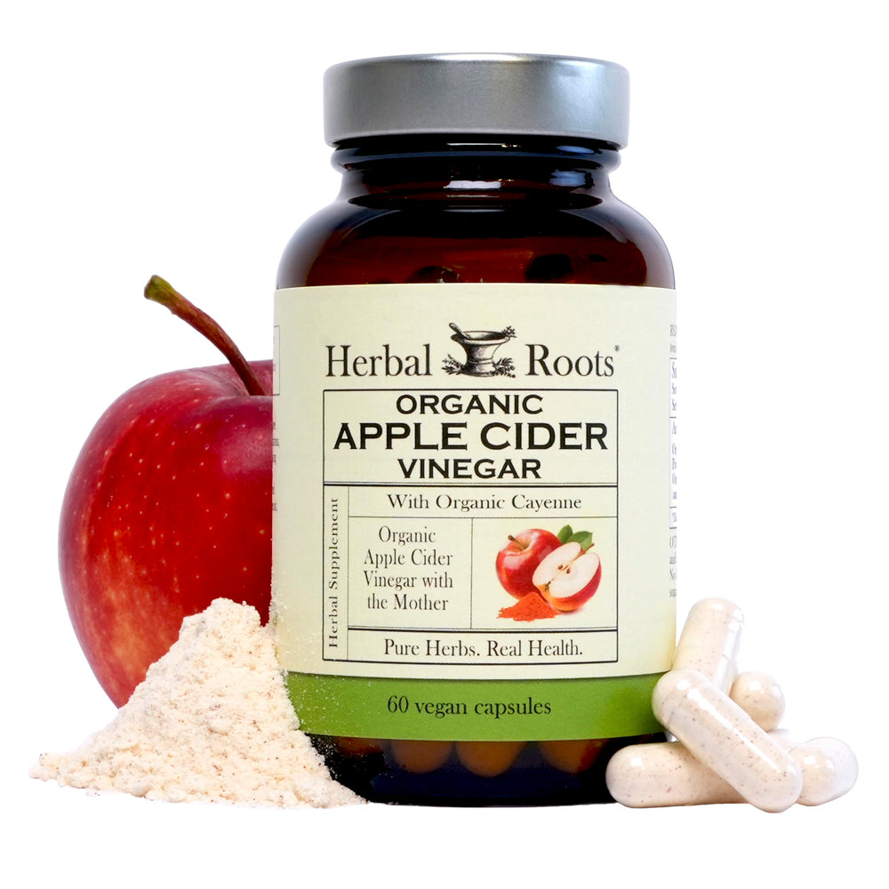 Herbal Roots Apple Cider Vinegar capsules bottle, easy daily ritual for digestive comfort.