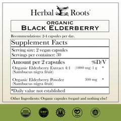 Close-up of Herbal Roots Black Elderberry Capsules label featuring organic Sambucus.