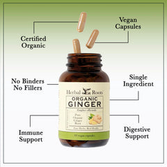 Herbal Roots Ginger Supplement label closeup showing organic certification and clean ingredients.