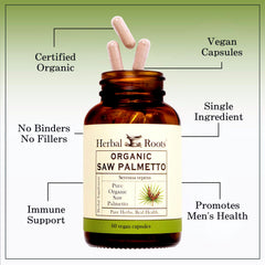 Herbal Roots Organic Saw Palmetto fruit ingredients highlight clean, binder-free capsules.
