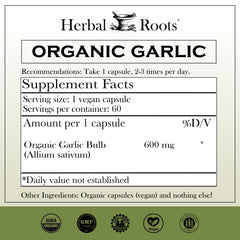Close-up of Herbal Roots garlic capsules for convenient, vegan daily wellness.