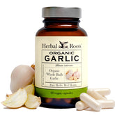 Herbal Roots Organic Whole Bulb Garlic Pills bottle with 600 mg capsules for easy daily immune support.