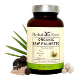 Herbal Roots Saw Palmetto bottle front showing organic vegan capsules benefits.