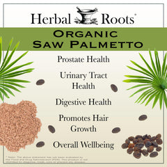 Herbal Roots Saw Palmetto capsules closeup emphasizing pure organic ingredients.