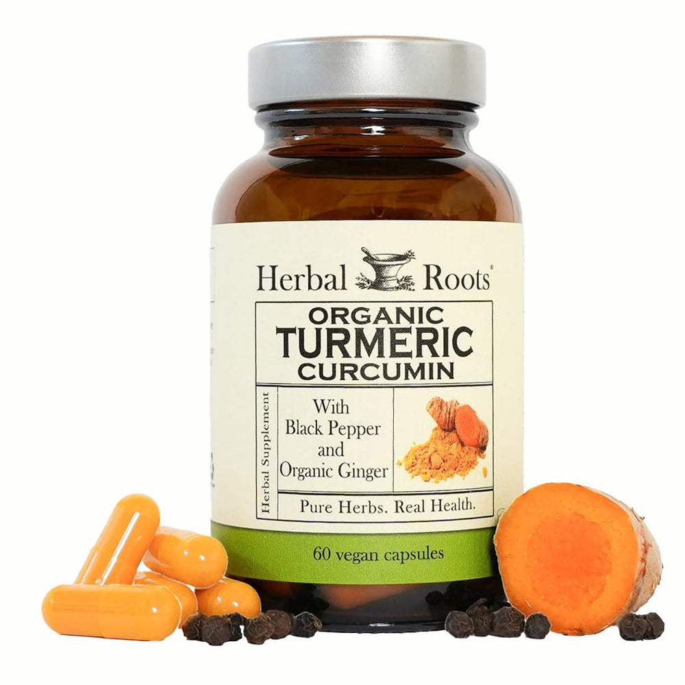 Herbal Roots Turmeric Curcumin capsules bottle highlighting 1000mg strength for daily vitality