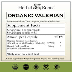 Close-up label on Herbal Roots Valerian bottle showing organic quality