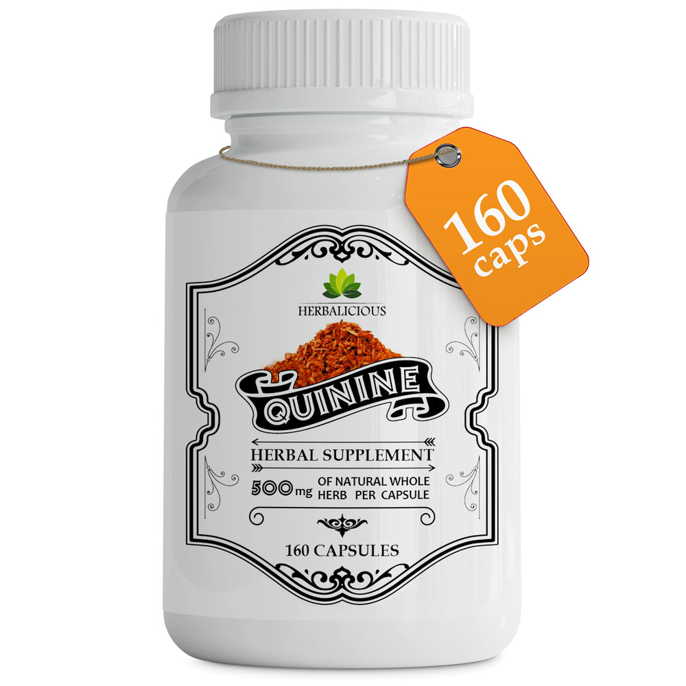 HERBALICIOUS Quinine Capsules bottle front for daily leg cramps support.