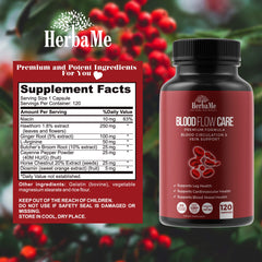 HerbaMe bottle with capsules on table for convenient everyday leg comfort.