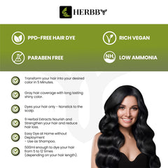 HERBBY color swatches show shade options for a natural black look.