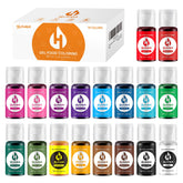 Herbeklab gel food coloring bottles show 18 vibrant colors for precise cake decorating.